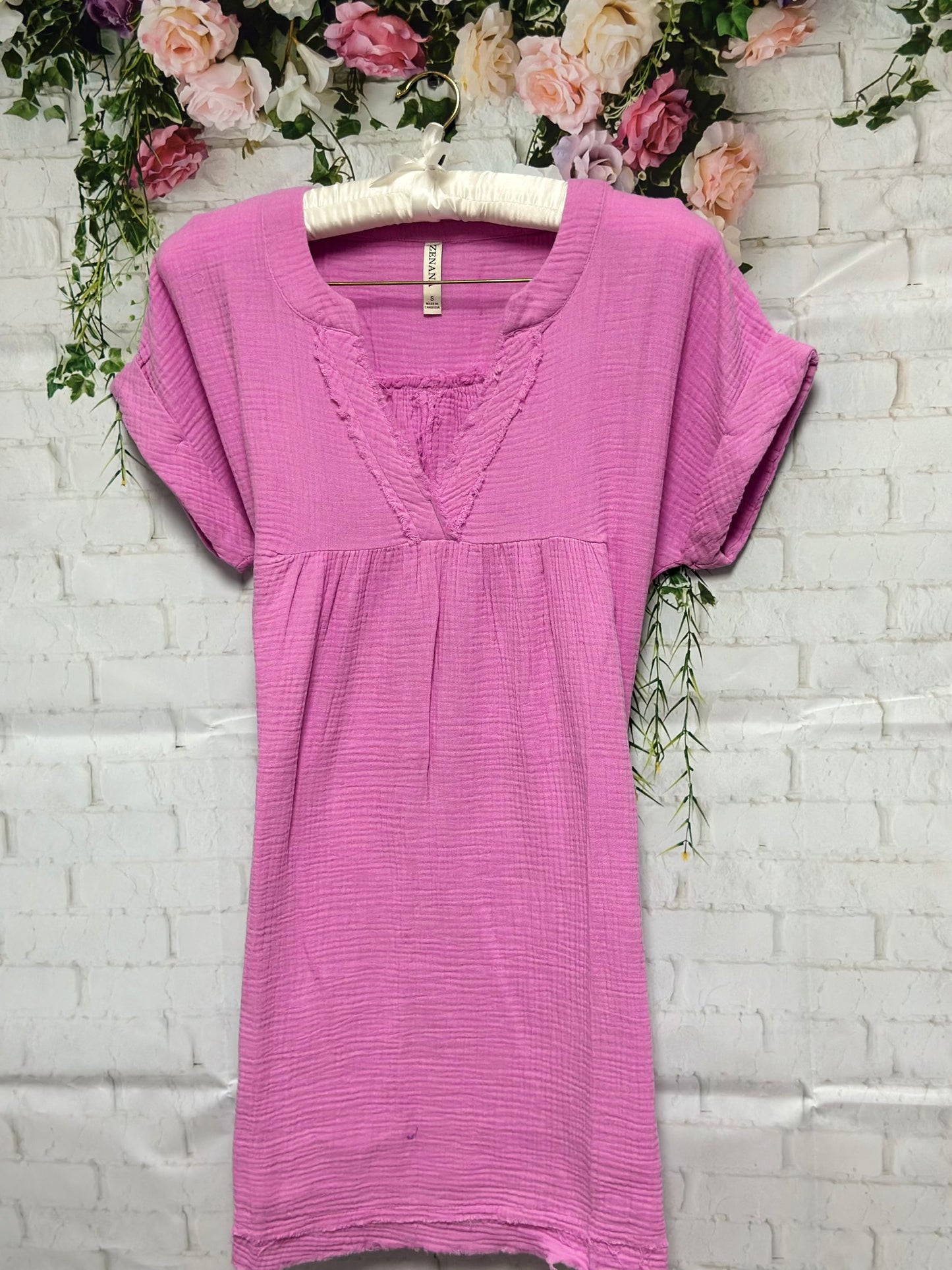 Raw edge gauze v-neck dress