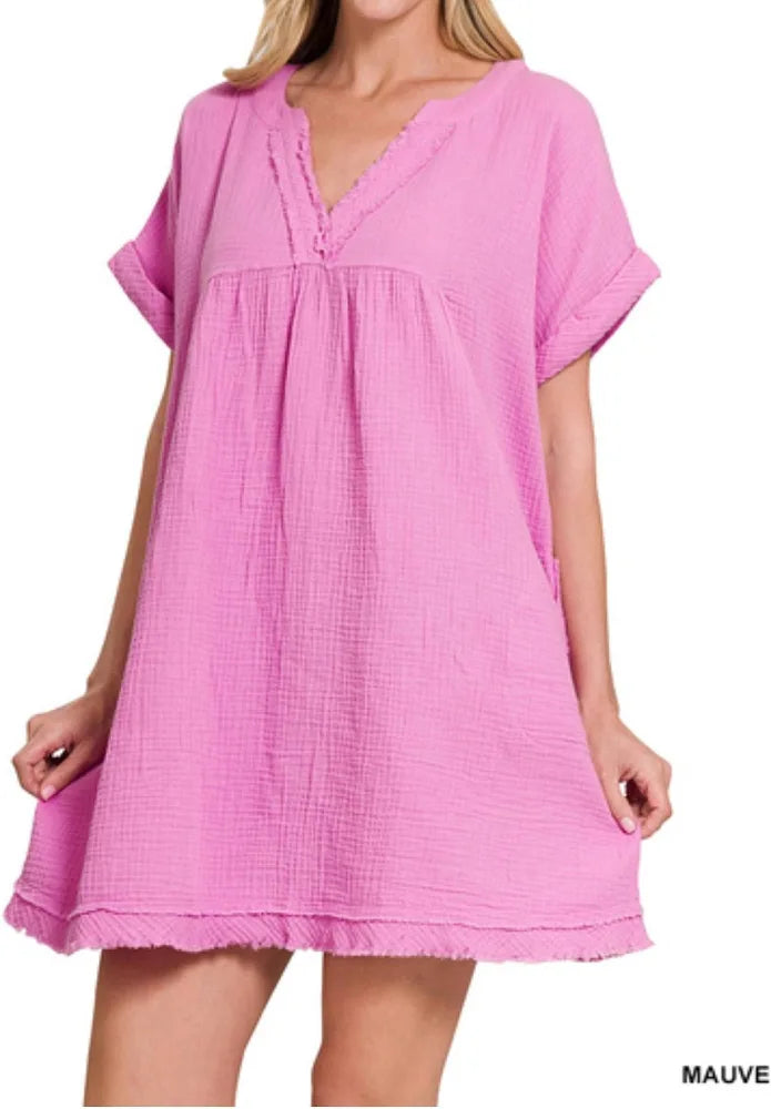 Raw edge gauze v-neck dress