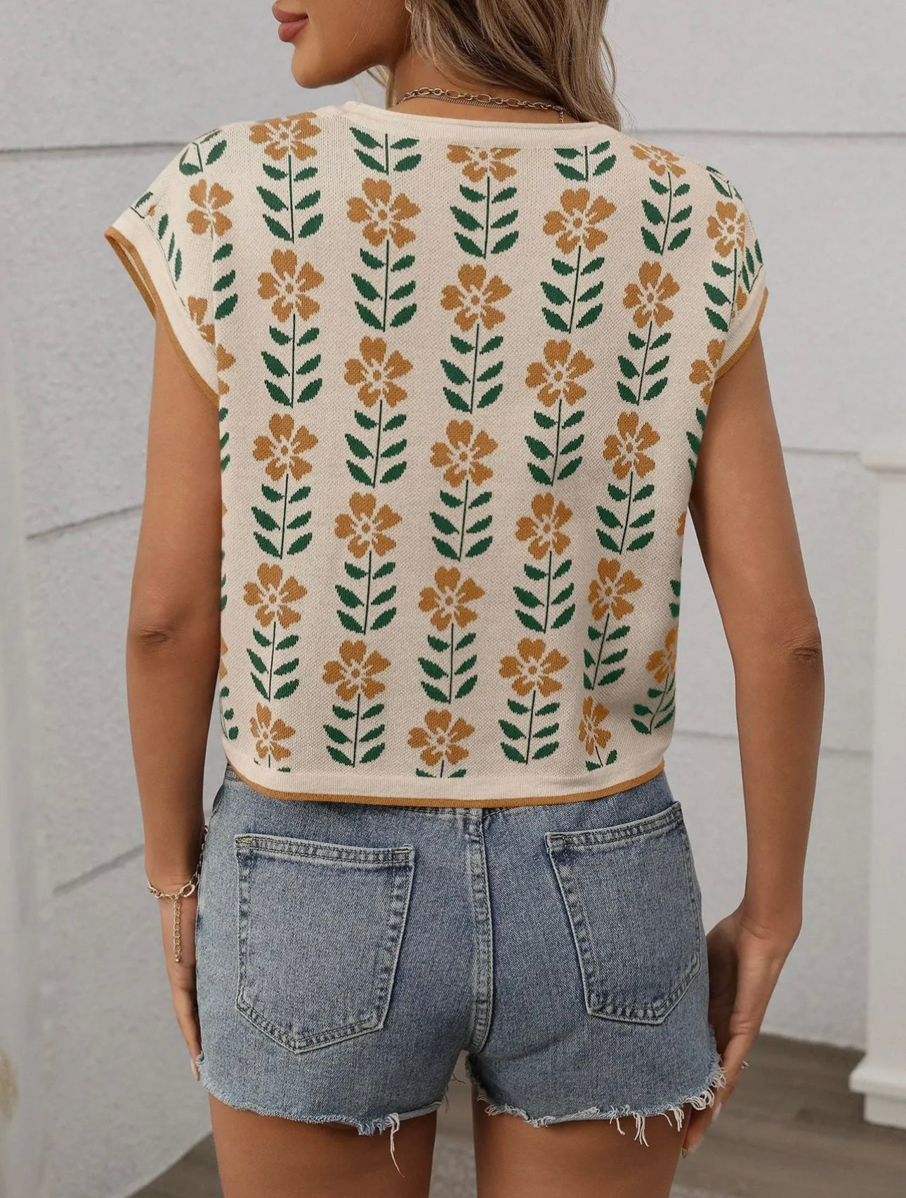 Retro floral knit short sleeve