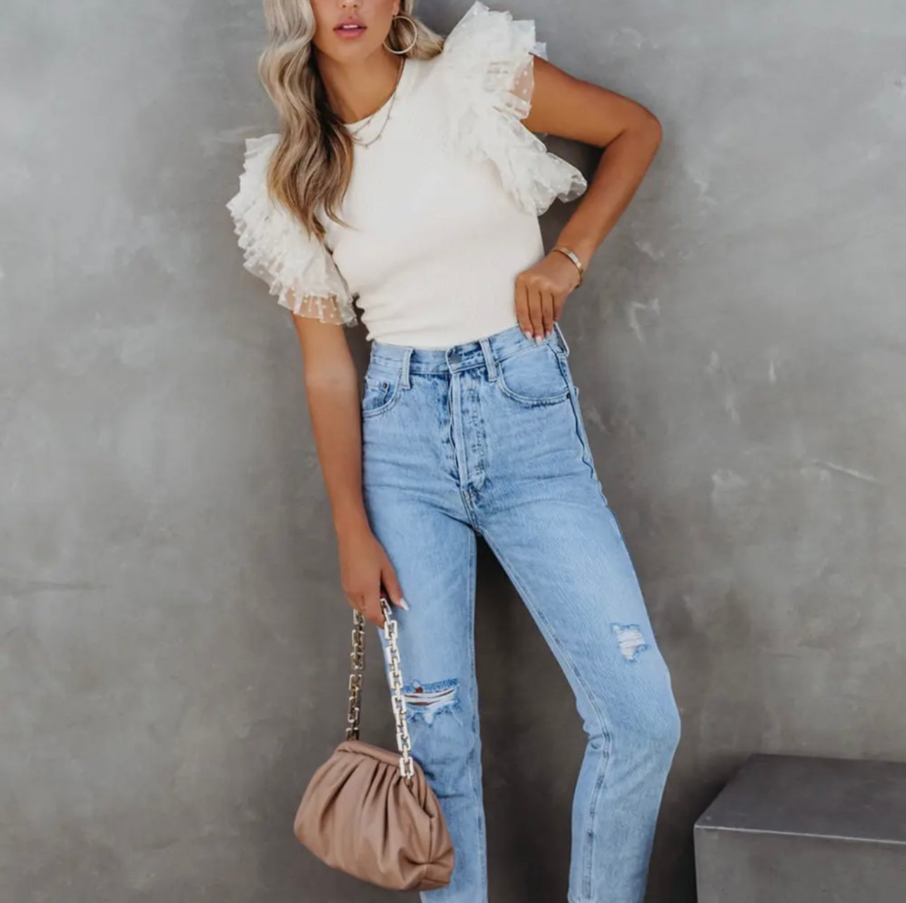 Mesh ruffle sleeve ribbed knit top