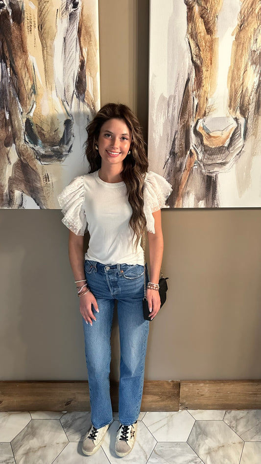 Mesh ruffle sleeve ribbed knit top