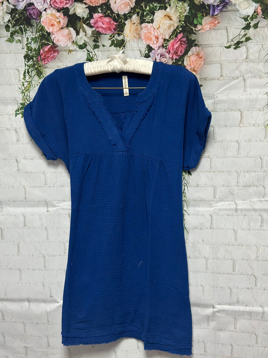 Raw edge gauze v-neck dress