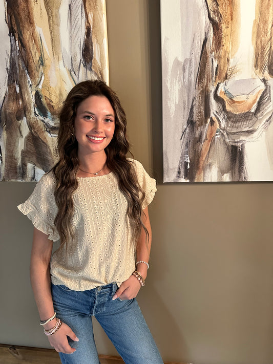 Crewneck short sleeve hollow-out top