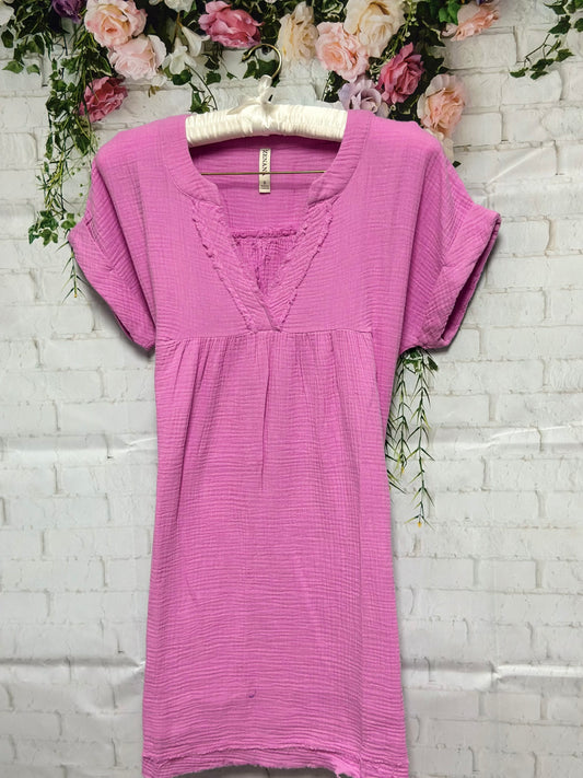 Raw edge gauze v-neck dress