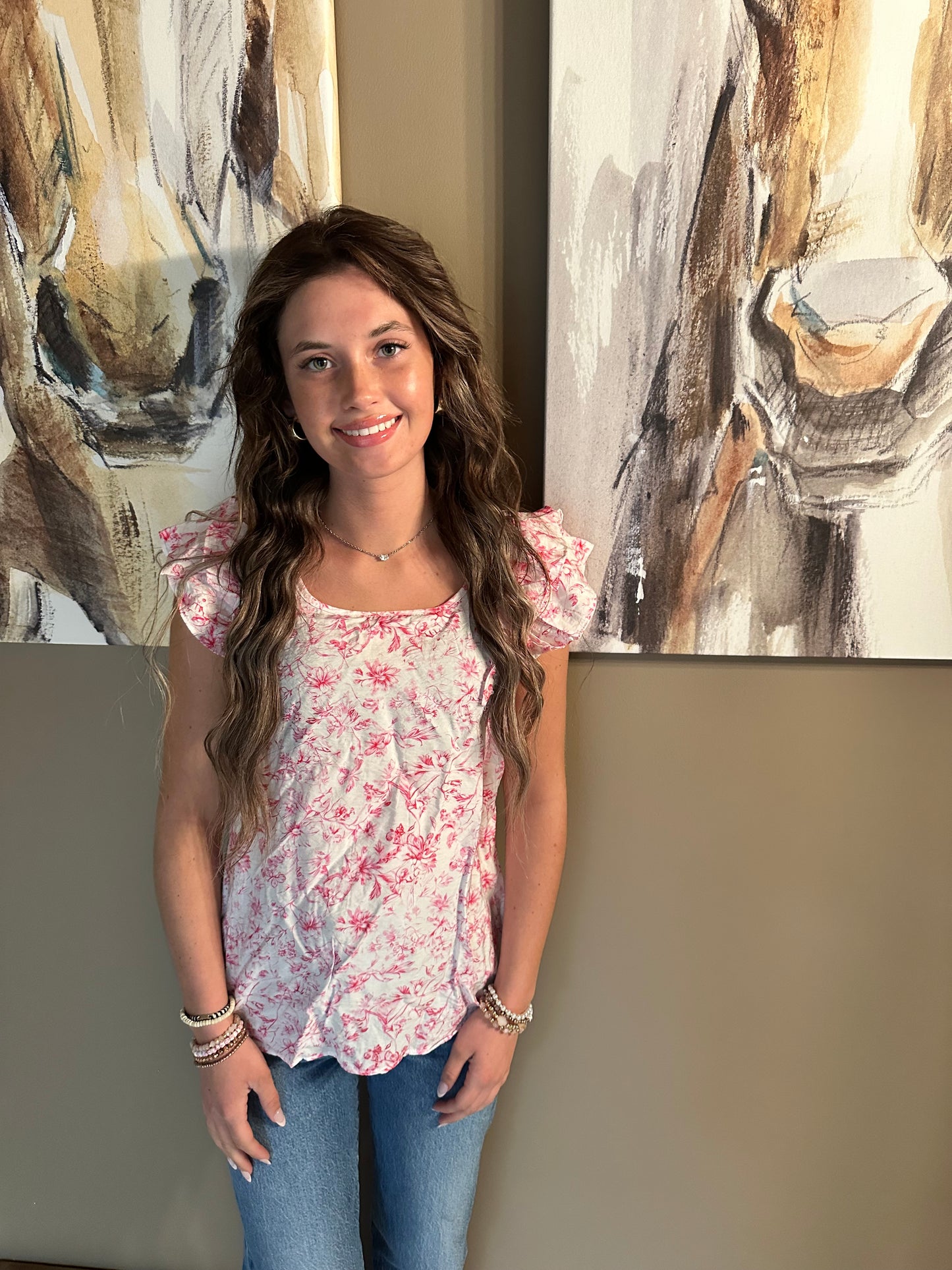 Floral ruffled short sleeve blouse