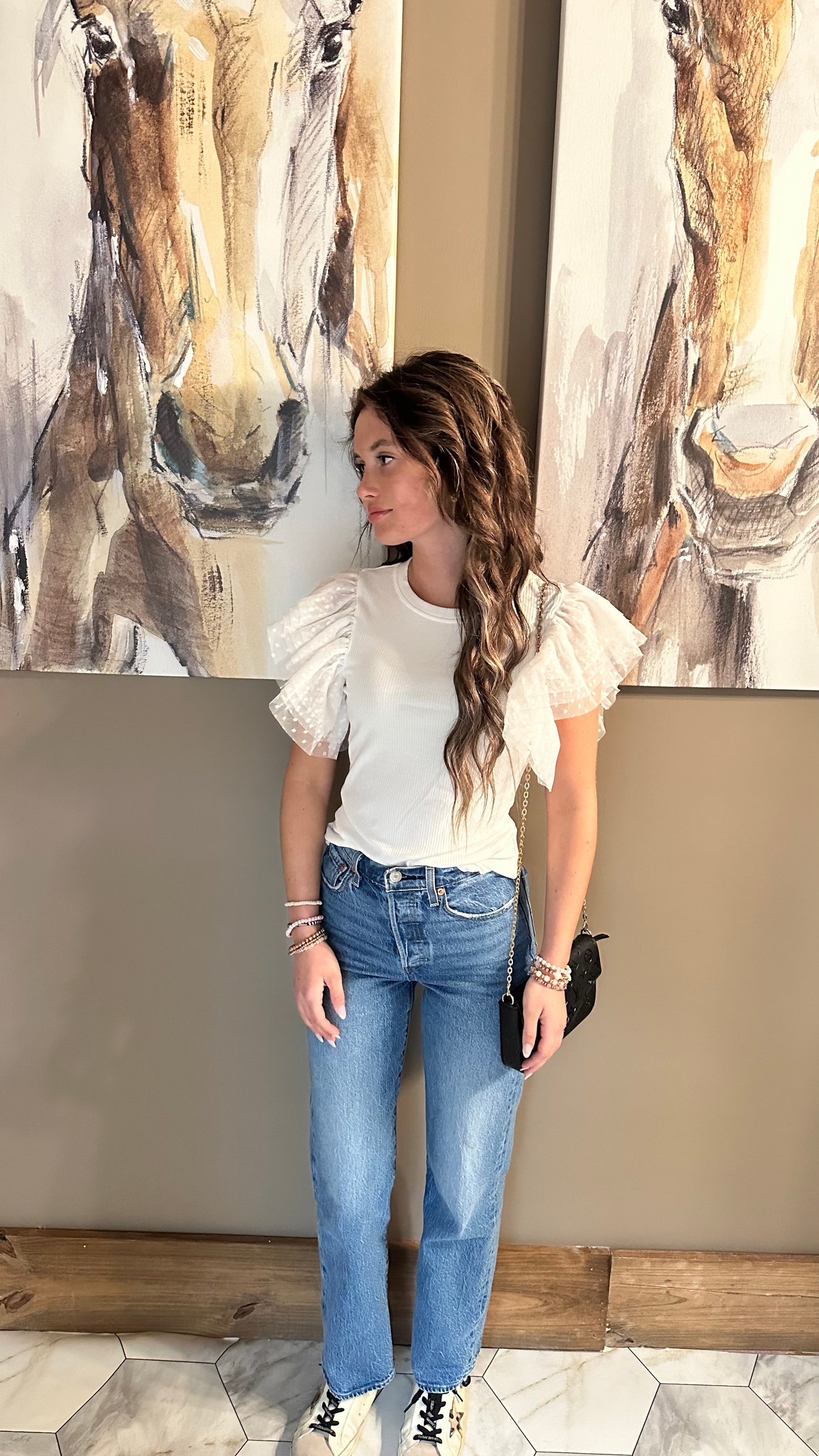 Mesh ruffle sleeve ribbed knit top