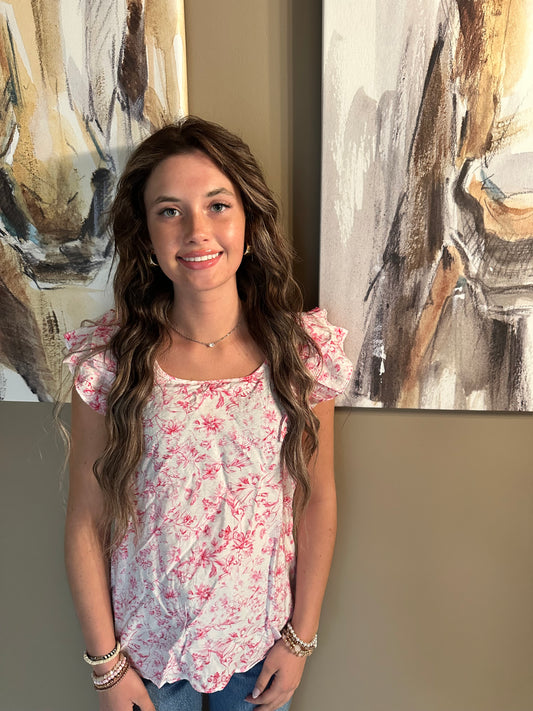 Floral ruffled short sleeve blouse