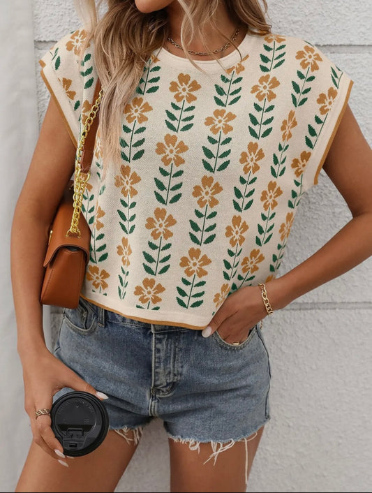 Retro floral knit short sleeve
